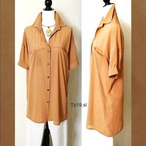 QDE Blouse Cotton Blend Tan Brown Womens Shirt Top Pockets Silver-Buttoned Front